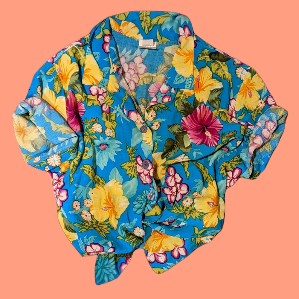 Fingerprint vintage Hawaiian hibiscus button down rayon shirt XL blue yellow